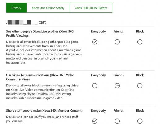 Pengaturan privasi penggunaan layanan Xbox.