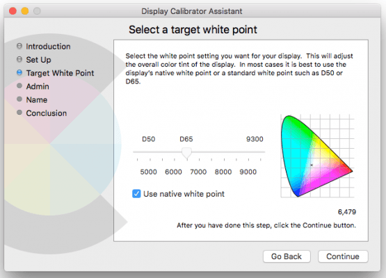 Piliha target warna putih pada kalibrasi layar di MacOS.