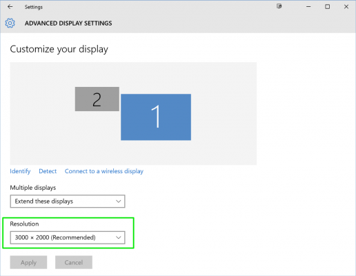 Tampilan pengatura Advanced Display Settings untuk mengatur resolusi monitor.